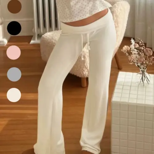 Women's Solid Drawstring Foldover Waist Straight Leg Pants, Pants for Women, Fashion Casual Style Drop Waist Trousers For Daily Outdoor Wear, Women's Bottoms