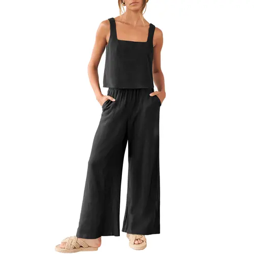 ANRABESS Women's 2 Piece Outfits Square Neck Linen Sleeveless Tank Crop Top Wide Leg Pants Matching Lounge Set Summer Tracksuit Casual Womenswear High Waist Elastic
