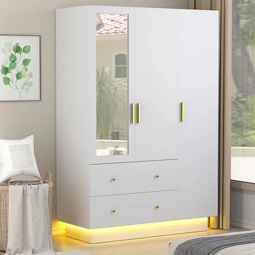 Sturdy Modern Bedroom Wooden Wardrobe - Interior Luminous Armoire with Mirror, LED Lighting, RGB Light Dance, Hanging Rod, Drawers, Shelves, Anti-Tilting Base, Bedroom Dresser, Room Furniture for Organization & Smart Design