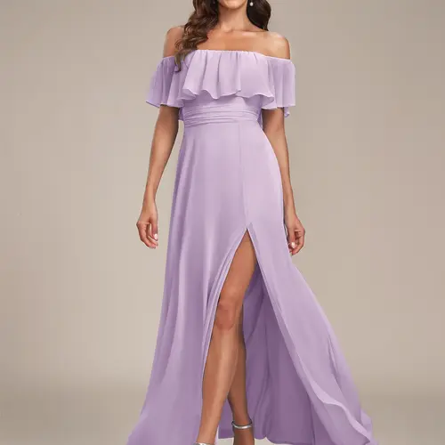 EVER PRETTY Women's Formal Wedding Guest Dress, Elegant Off-Shoulder Chiffon Maxi Gown with Ruffles and High Slit, Elegant Split Hem, Wedding Guest Dresses, Formal Dresses For Women