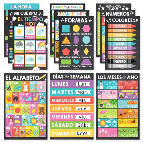 Hadley Designs Colorful Chalk Spanish Bilingual Posters, 12-Piece Set, Thick Cardstock Feels Solid Laminated Office Stationery, Preschool & Elementary School Educational Supplies, Classroom Decoration