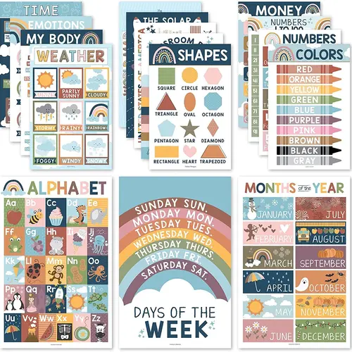 Hadley Designs Boho Early Learning Poster Pack - 16 PreK Educational 11x17 USA Made Laminated Posters for Classroom & Homeschool
