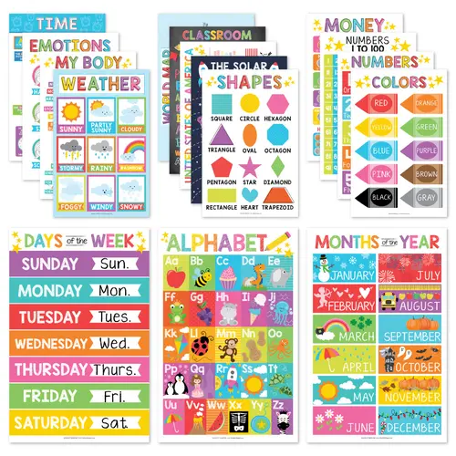 Hadley Designs Educational Posters Set of 16 for Preschool & Kindergarten Classroom - Laminated 11x17 Learning Charts, Alphabet Numbers Shapes