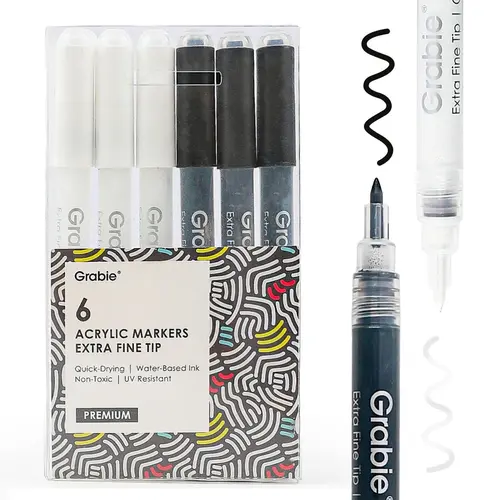 [Flash Sale] Grabie Black & White Extra Fine Tip Acrylic Paint Markers Set Of 6, Back to School, Class Reward Gift Idea