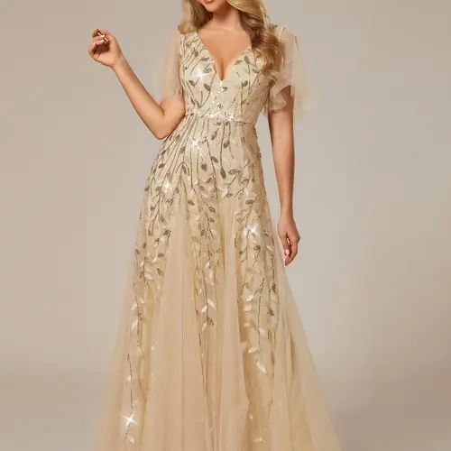 Ever-Pretty 2026 Spring  Dress ,Women's Shimmery Elegant  Sequin Maxi Dress with Ruffle Sleeves for women dress, Gorgeous Comfort Basic Glitter Sparkly ,Formal dress,0736 Womenswear ,Evening dress