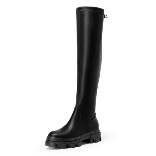 Dream Pairs Women's Ikon Over-the-Knee Boots - Stretch PU Leather Thigh-Highs, Side Zipper, Chunky Lug Slip-Resistant Sole, Snug Drawstring Fit, Comfortable Heels, Round Toe, Black PU Footwear, Bold Style Elevates Fall Outfits, Elevates Fall Outfits With