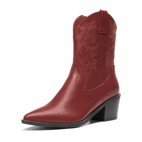 Dream Pairs Women's Western Ankle Boots - PU Leather & Faux Leather, 4mm Latex, Memory Foam Cushion, Chunky Wedge Heels, Lightweight TPR Sole, Pointed Toe, Wood Grain, Urban Cowgirl & Outlaw Style, Party & Casual Wear