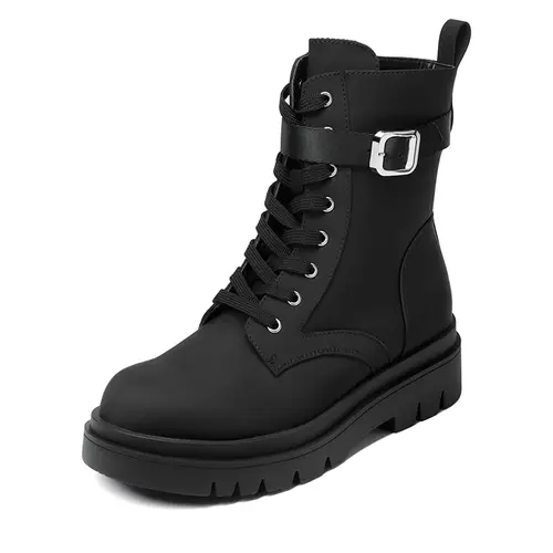 Dream Pairs Women's Mid-Calf Combat Boots - Statement Lace-Up Platform Chunky Heel, Side Zipper, Water-Resistant PU Leather Fabric Upper, Round Toe, Grunge Military Rock-Inspired Casual Wear Footwear, Statement Shoes, Alternative Style, Comfortable Heels