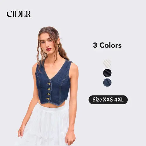Cider Napoleonic Core Women's Fitted Denim V-neck Button Vest - Lady's Basic Tops, 0-26 Sizes, Casual Clothes Napoleon