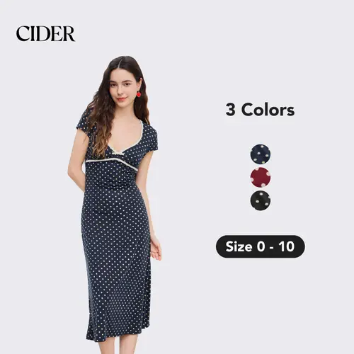 Cider Knit V-neck Spot Bowknot Midi Dress, Women's Polka Dot Print Summer Dress, Cute Dress for Casualoutfits SummerFinds