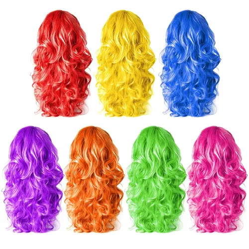 FEPITO Women's 7-Piece Colorful Long Curly Synthetic Wigs, 55cm Polyethylene Plastic Wavy Hair with Adjustable Fit Band, Breathable Mesh Cap, Lightweight Design, Durable for Repeat Styling, Rainbow Gift for Cosplay Costume Parties, Synthetic Wig, Breathab