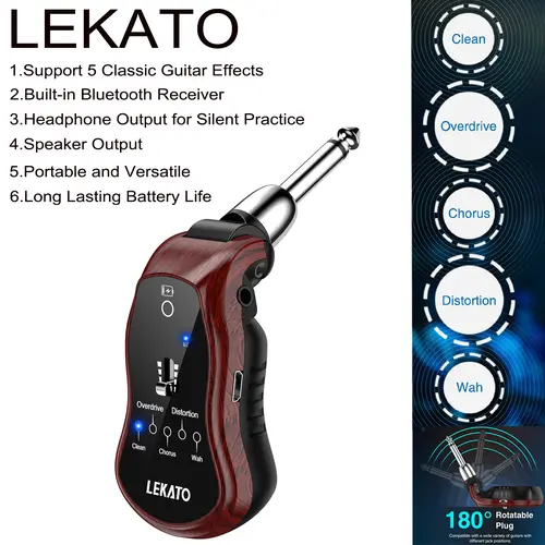 LEKATO Rechargeable Mini Guitar Headphone Amplifier - Amplifier Guitars & Gear Accessories, Bass Compatible, Bluetooth Receiver, Clean, Chorus, Overdrive, Distortion, Wah 5 Classic Effects