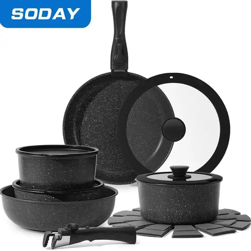 SODAY 15pcs Pots and Pans Set Non Stick, Cookware Sets with Detachable Handle, Nonstick RV Kitchen Cooking Set Removable Handles, Oven Safe,Stackable, Frying, Kitchenware,stock up on specials,sohochic