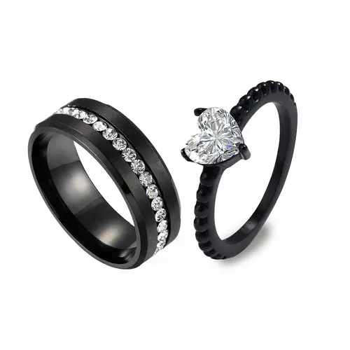 Rhinestone Decorated Artificial Zircon Ring Couple Statement Metal Ring, 2pcs/set Engagement Stackable Matching Rings, Stacking Rings, for Couple, Trendy Stainless Steel Jewelry, Holiday Gift, with Box, Beautiful Rings, Valentine's Day