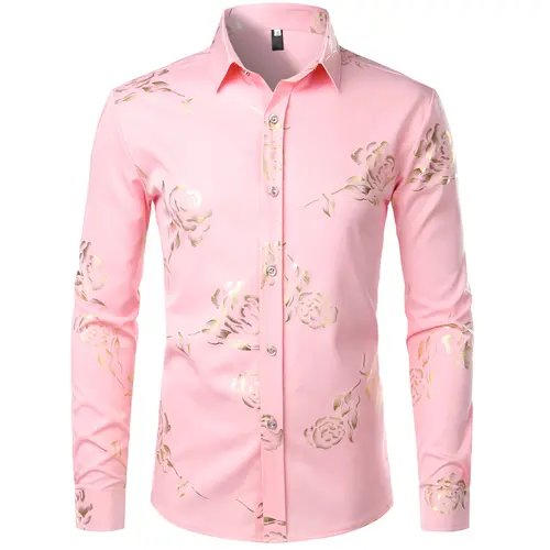 ZEROYAA Mens Hipster Gold Rose Printed Slim Fit Long Sleeve Dress Shirts Prom Performing Shirts summer outfits men sublime shirt funny shirts Korean Casual