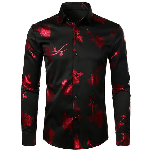 ZEROYAA Men's 3D Metallic Rose Floral Printed Slim Fit Longsleeve Button-Down Dress Shirt - Casual Fitted Shirt, Mensfashion, Street Style, 4th July Top, Black, Pink