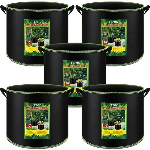 FEPITO 5-Pack 10 Gal Durable & Aeration Fabric Grow Bags, Non-Toxic Heavy-Duty Nonwoven with Handles, 16x12.5 In Easy-to-Move 12.5" Tall Planting Pots for Vegetables Flowers, Outdoor Gift Planters