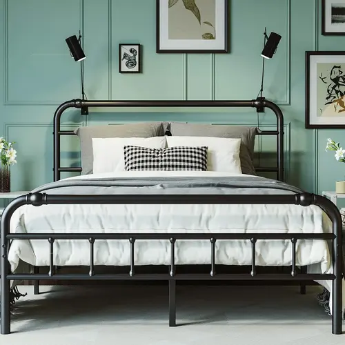 Aardhen King Size Metal Bed Frame Set with Headboard, 18" High Heavy-Duty Steel Slat Platform, 3500lbs Support, Non-Slip, Noise-Free, No Box Spring Needed, Powder Coated Iron Frame for Heavy Duty Use, Black, King Size Bed Frame Set, Metal Bed Frames