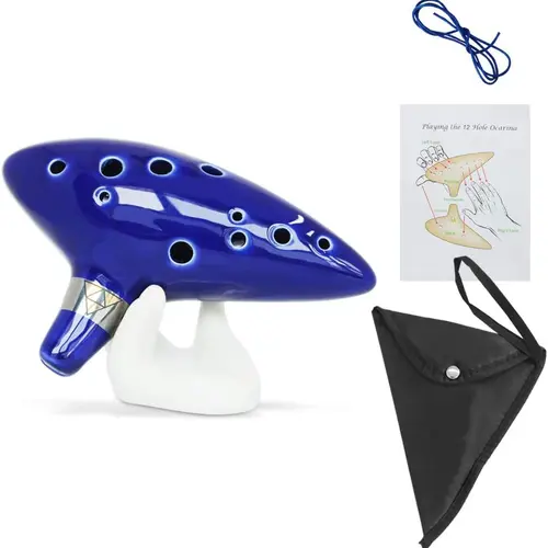 12-Hole Alto C Glazed Ceramic Durable Ocarina Wind Instrument Toy with Natural Music, Neck Strap Cord, Song Book, Gift Box, Hand-Shape Display Stand, Black Protective Bag - Simple to Learn, Quick Wins, Wide Range for Sweet Tunes, Boyfriend Gift Idea