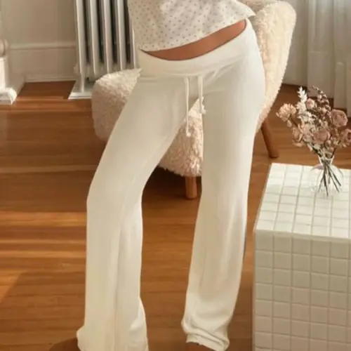 Women's Solid Adjustable Drawstring Waist Pants, Casual Comfy Straight Leg Trousers for Daily Wear, Rib Flares Pants, Ladies Bottoms for Spring & Summer & Fall