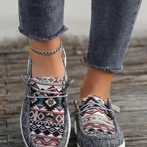 Women's Boho Style Ethnic Random Pattern Slip on Sneakers, Casual Comfortable Round Toe Shoes for Daily Wear, Perfect for Women and Outdoor, As Gift for Wife, Girl Friend, Daughter, Bohemian Flat Shoes