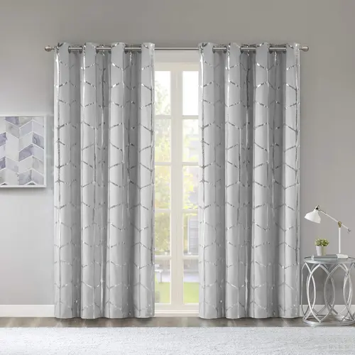 Intelligent Design Raina Modern Geometric Metallic Print 2-pk Blackout Curtains - Antique Silver Grommet Top, Thermal Insulated, Light Blocking, Easy Install, Window Privacy, Home Decor for Bedroom (50x84, 50x63)