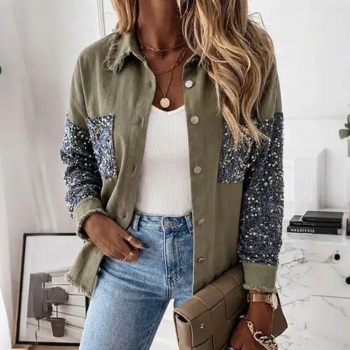 CHICME Women's Sparkly Sequin Patchwork Denim Shacket Oversized Button Front Raw Hem Casual Jacket