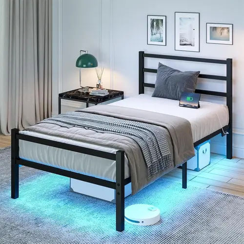 HOMBCK Twin Metal Platform Bed Frame with Headboard, LED Lighting, Heavy Duty Steel, Easy-Clean Metal Surface, No Box Spring Needed, Mattress Not Included, for Bedroom Decor, Sleek Sleep & Dream Room#SohoChic#Homemakeover