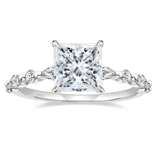 EAMTI 2CT 925 Sterling Silver Ring Princess Cut CZ Engagement Ring Marquise & Round Cubic Zirconia Wedding Band for Women