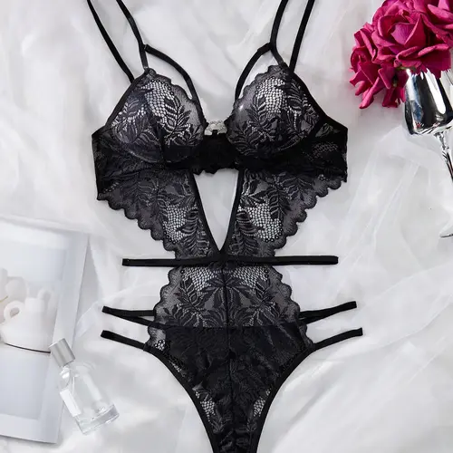 Women's Solid Cut-Out Sheer Lace Lingerie Bodysuit, Fashion Comfy Sexy Breathable Bodysuit for Daily Wear, Women's Sexy Lingerie for All Seasons, Lace Nightwear, Underwear, Breathable Fabric Lingerie, Lace Cutout Bodysuit