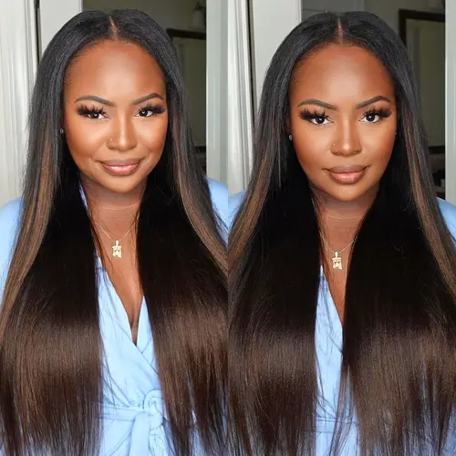 UNICE EasiContour Yaki Straight V Part Glueless Wig, Ombre Chestnut Brown Human Hair, Pre-Styled Easy Install for Female Beginners, Heat Resistant, Options for Leave Out
