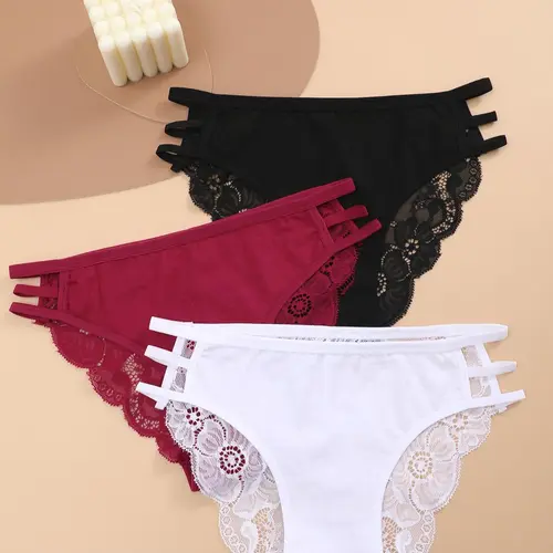 Women's 3pcs Plain Contrast Lace Cut Out Knicker, Soft Comfy Breathable Casual Panty for Everyday Wear, Underwear for All Seasons, Breathable Stretch Underwear