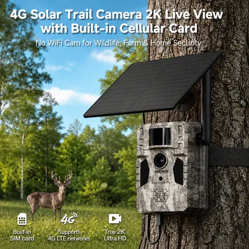 SEHMUA 4G LTE Solar Powered Hunting Trail Camera - 2K Video, 0.1s Fast Trigger, Low-Glow Infrared Night Vision, IP66 Waterproof, Wireless APP Remote Control, Built-In Cellular Card, No Wi-Fi (Requires 4G Unlimited Data Plan Activation)