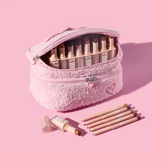 Beauty Creations NudeX Bundle - 42-Piece Nude Shades Lipstick & Lipliner Set with Beeswax Base, Moisturizing Formula, Teddy Vanity Bag, All Skin Types Makeup Gift Set for Women