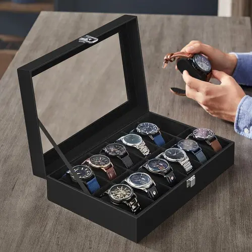 SONGMICS Multifunctional Wristwatch & Jewelry Storage Box Organizer - Large Glass Lid, Removable Wristwatch Pillows, Metal Clasp, Easy 1-Hand Opening, Ideal Father's Day Gift (No Watch Included)