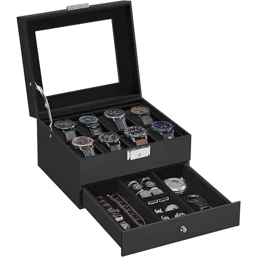 SONGMICS HOME 2-Layer Watch Jewelry Box - Lockable Watchbox with Glass Lid, Drawer for Rings, Bracelets, Home Organizer Gift Idea,dorm room inspo,college dorm essentials,dorm haul