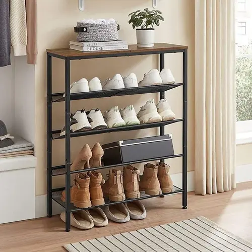 SONGMICS HOME Freestanding Shoe Storage Rack for Entryway - 16-20 Pairs Single Unit Organizer with Sturdy Steel+Wood Frame, Wooden Shelf, 16.8lb Capacity, Industrial Indoor Furniture, Shoe Rack Organizer