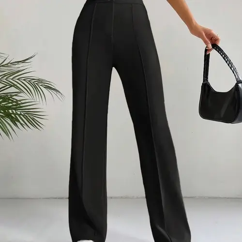 Women's Plain Minimalist Basic High-Waist Fitted Straight-Leg Pants, Womenswear Casual Lounge Pants, Comfy Zipper Trousers for Daily Wear, Ladies Button Bottoms for All Seasons, Casual Fashion Bottoms, Casual Style Bottoms