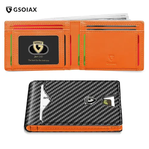 GSOIAX Slim Wallet for Men Rfid Blocking Leather Bifold Front Pocket Carbon Fiber Men's Money Clips Credit Card Holder With Gift Box