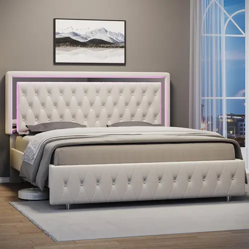 AMERLIFE Smart LED Modern Platform Bed Frame - King Size, Adjustable Height Headboard with Velvet Button Tufting & Acrylic Mirror Accents, No Box Spring Needed, Ideal Christmas Gift for Homemakeover