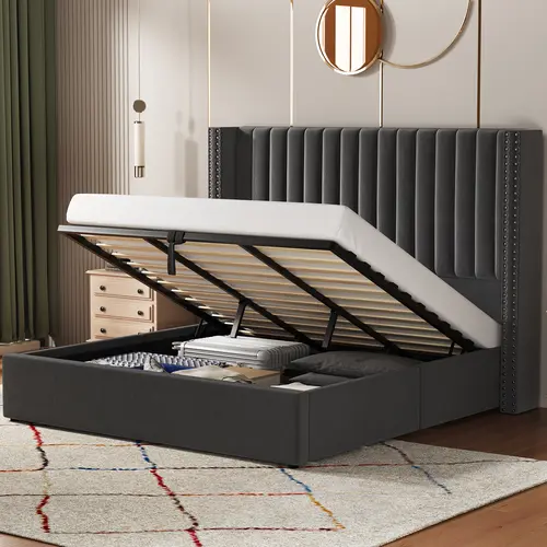 AMERLIFE Bed Frame Lift Up Storage Bed, Velet Upholstered BedFrame with Storage Underneath/No Box Spring Needed/Easy Assembly,Best Gift Ideas/Christmas Gifts, Upholstered Tufted Headboard, Hydraulic Storage Bed