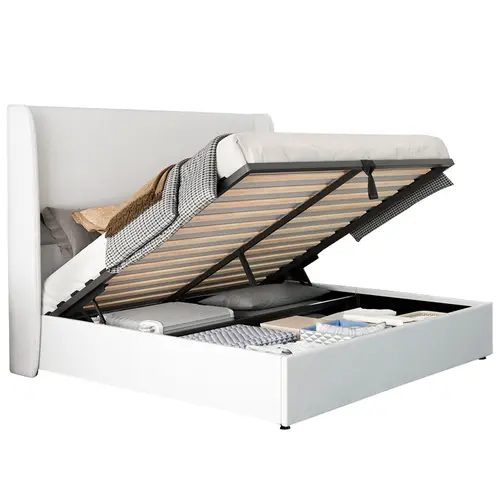 AMERLIFE Queen Size Upholstered Bed Frame - Linen Fabric, Hydraulic Lift-Up Design, Modern Wingback Headboard, No Box Spring Needed, 40% More Capacity, Sleek Sleep Option, Christmas Gift Idea, Bed Frame for Queen, Upholstered Bed Frames