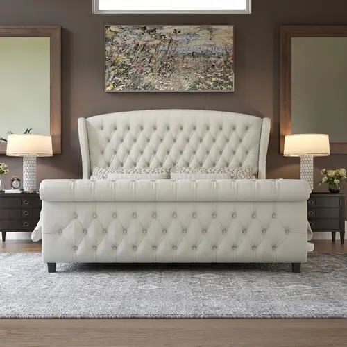AMERLIFE Platform Bed Frame - Velvet Upholstered Sleigh Bed with Scroll Wingback Velvet Headboard, Button Tufted Footboard, Handsewn Chenille, 40min Assembly, 10-15" Mattress Fit, No Box Spring Required, Christmas Gift Idea, Platform Bedframe