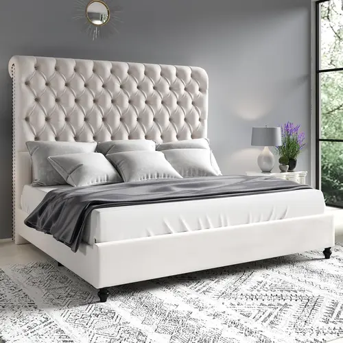 AMERLIFE Queen Size Bed Frame - 60" Tall Velvet Sleigh Headboard with Curved Modern Diamond Tufting, Handmade Button Art, Double Pleats, Upholstered Wooden Structure, Silent, No Box Spring Needed, Assembly Required, Ideal Bedroom Furniture Gift, Bedroom D
