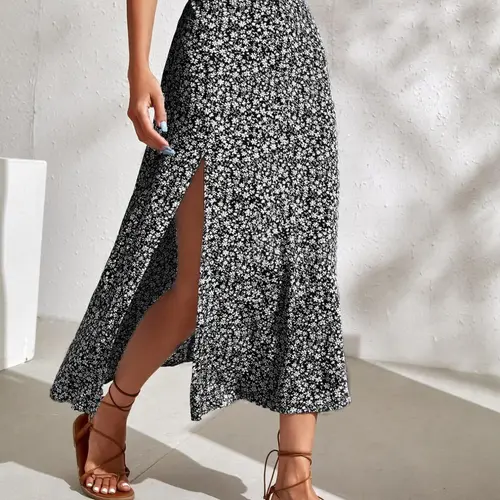 Women's Ditsy Floral Print Split Thigh A Line Skirt, Boho Bohemian Casual High Waist Midi Skirt for Beach Holiday Vacation, Summer Outfits 2024, Ladies Summer Clothes, Womenswear Bottom