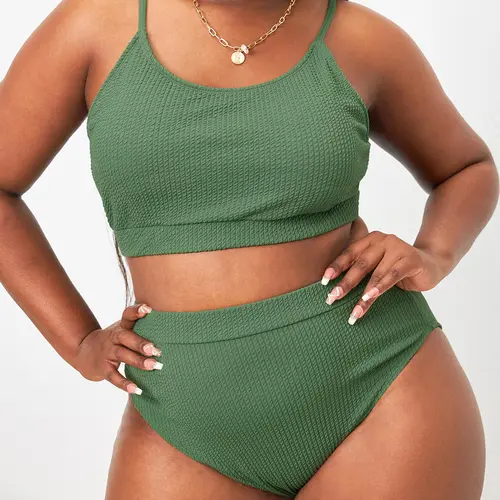 [Plus Size] Plain Ribbed Swimsuits, Spaghetti Strap Cami Swim Top & High Waist Swim Bottom Bikini Sets for Summer, Swimsuit for Women, Women's Swimwear for Beach Holiday, Swimwear Beach Outfits, Tankini Outfit, Beachwear, Top Bottoms