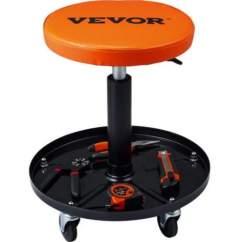 【Summerfinds】VEVOR Wear-Resistant Padded Seat Mechanic Rolling Stool, Height-Adjustable 22in-28in with 5 Pcs Caster Wheels, 250LBS Capacity Compression Mechanism, Iron Tool Tray, Black+Orange for Garage Vehicle Repairing