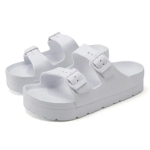 RANOSAT Women's Double Buckle Platform Waterproof Slippers - Arch Support, Anti-Slip, Soft EVA Footwear, Casual Flat Sandals - Shoe for Summer Home & Beach Use