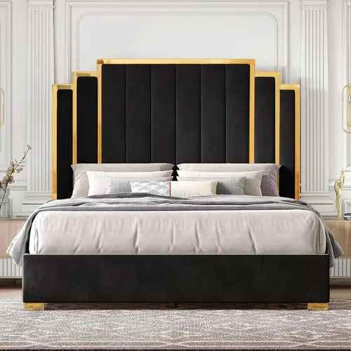 Amerlife [Summerwins] King Size Upholstered Platform Bed Frame - Velvet Headboard with Gold Trim, Durable Wooden Slats, No Box Spring Needed, Unique Indoor Bedroom Furniture, Platform Bed Design, Christmas Gift Idea