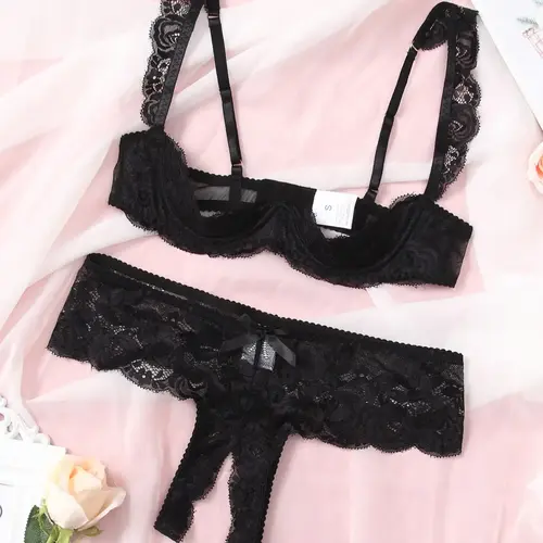 Women's Solid Adjustable Strap Bra & Thong Set, Sexy Elegant Casual Feminine Elegance Soft Comfy Breathable Floral Lace Lingerie Set for Daily Wear, Ladies Underwear Set for All Seasons, Everyday, Womenswear, Fit